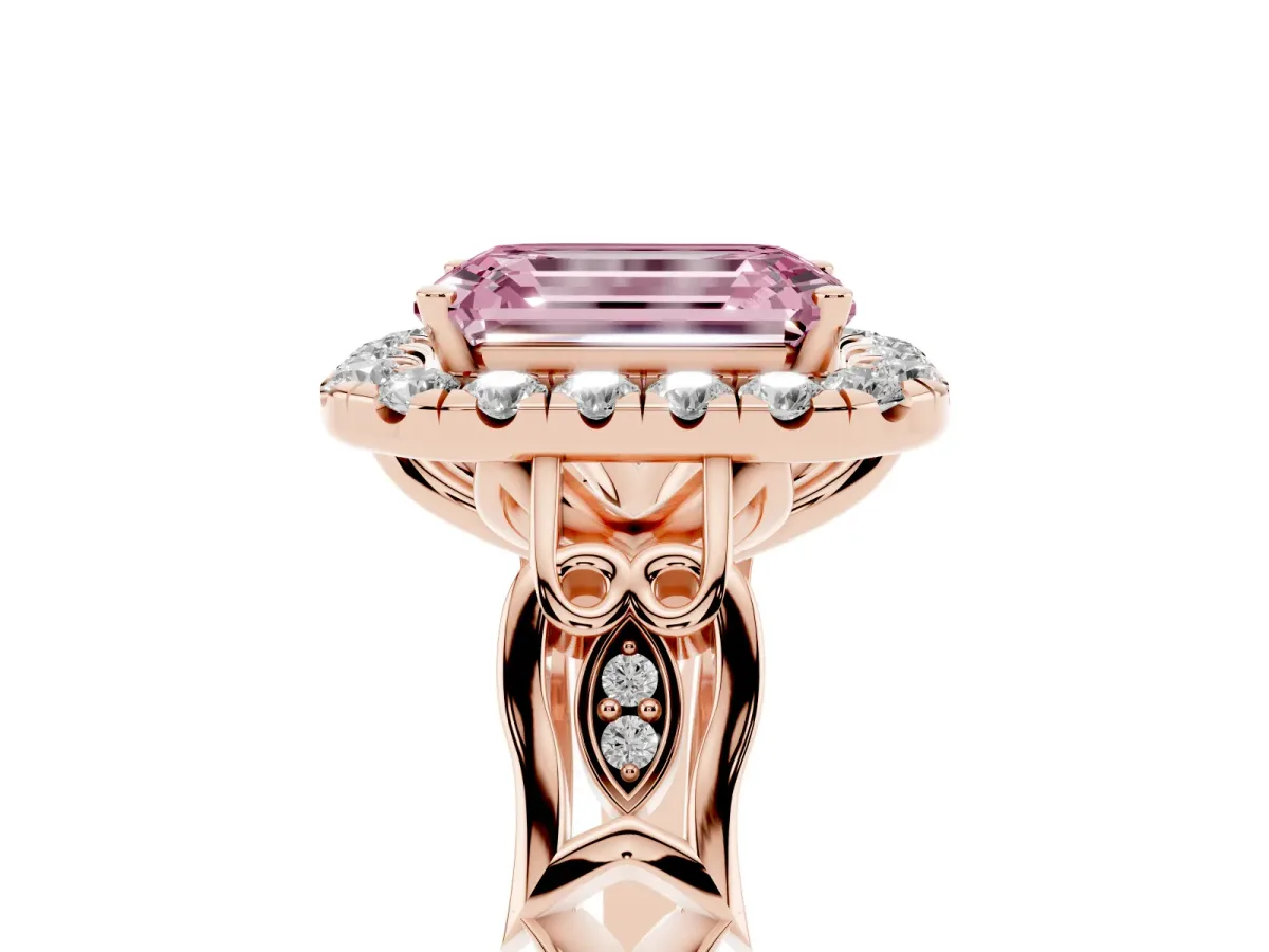 Fancy Pink Emerald Cut Halo Diamond Engagement Ring with Filigree Band and Four-Prong Setting Rose gold