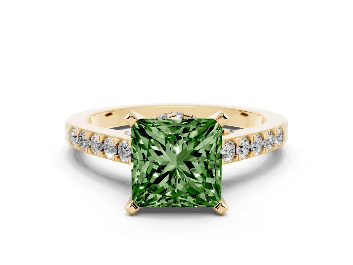 Fancy Green Princess Cut Diamond Solitaire Ring with Crossover Gallery and Round Pavé Band Yellow gold