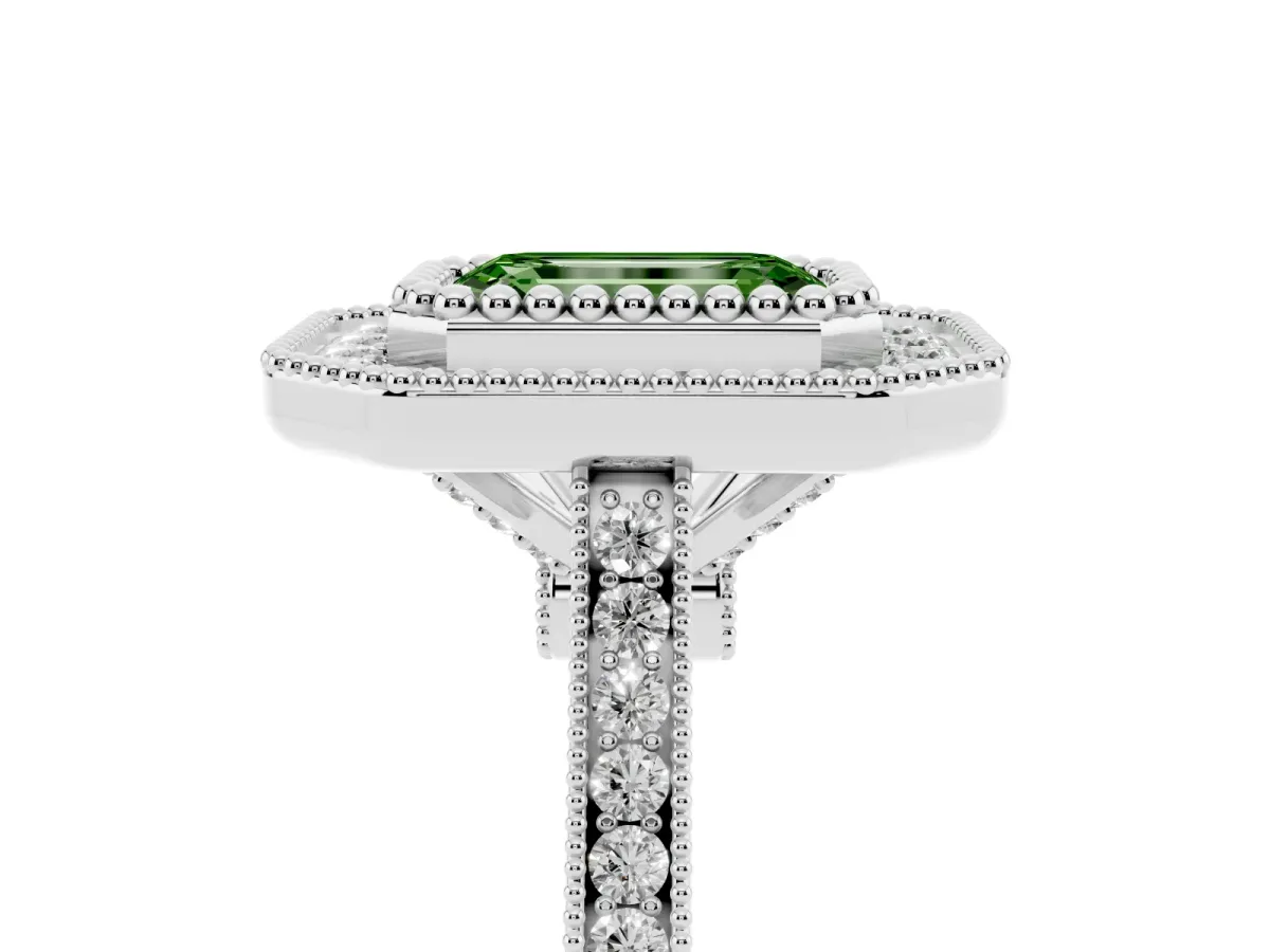 Fancy Green Emerald Cut Diamond Halo Ring with Milgrain Frame and Pavé Band Silver