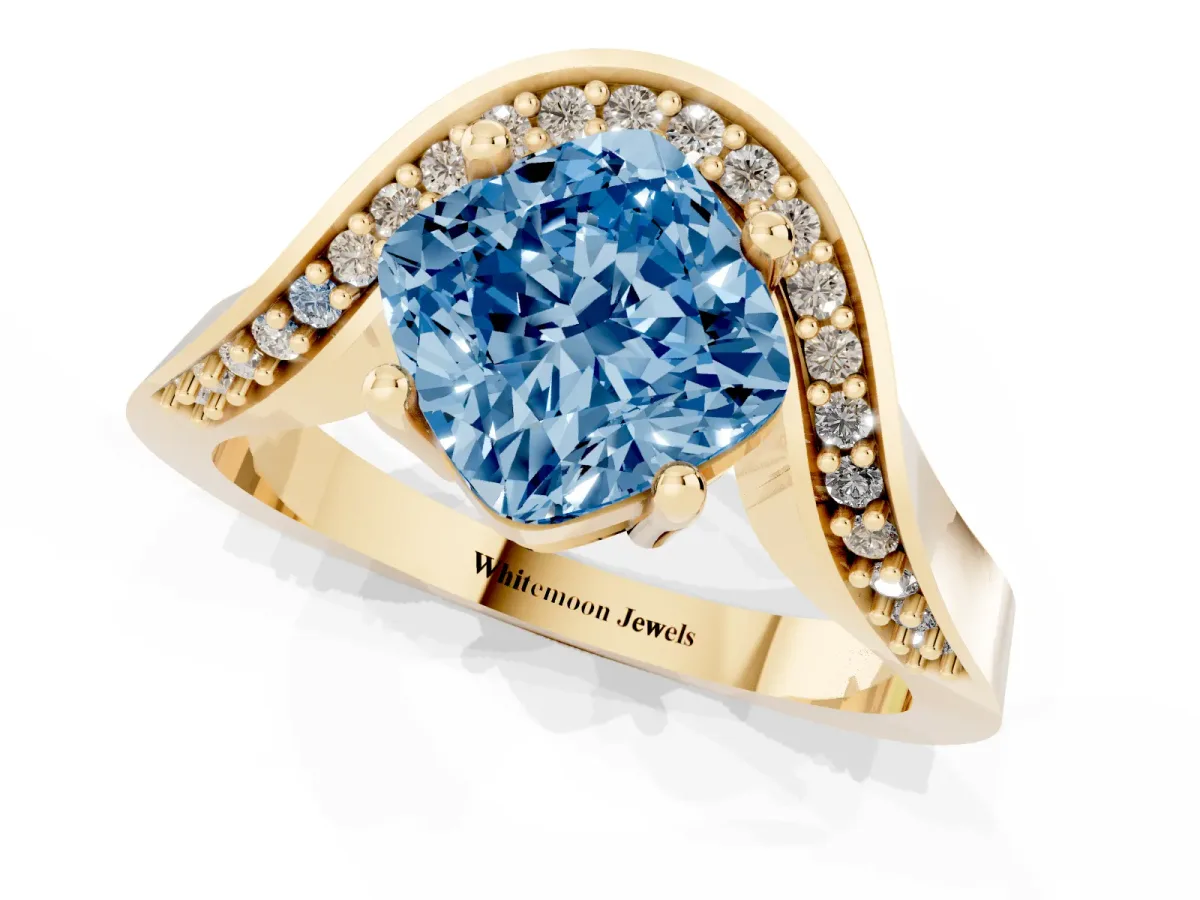 Fancy Blue Cushion Cut Solitaire Diamond Engagement Ring with Pave Band and Four-Prong Setting Yellow gold