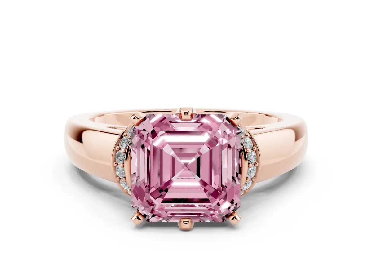 Fancy Pink Asscher Cut Solitaire Diamond Ring with Pave Band and Six-Prong Setting Rose gold