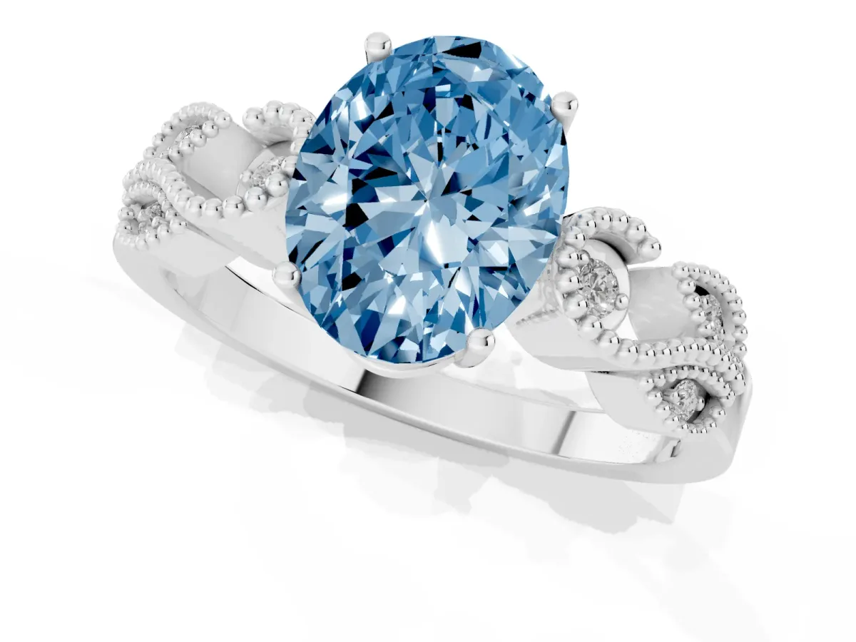 Fancy Blue Oval Cut Solitaire Milgrain Leaf Band with Prong Setting Silver