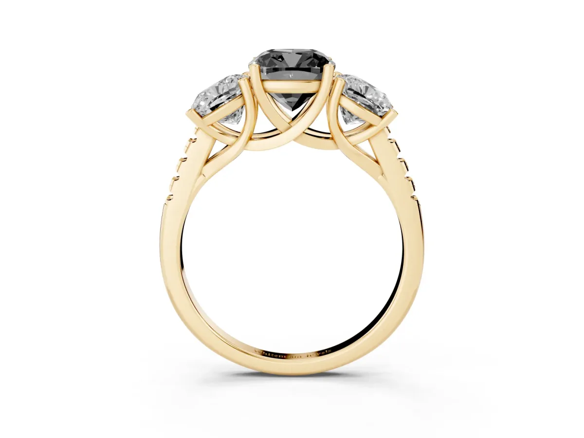 Fancy Black Three-Stone Cushion Cut Diamond Ring with Round Pavé Band and Prong Setting Yellow gold