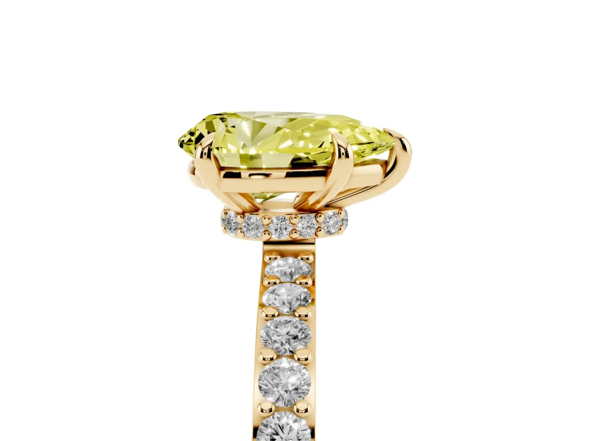 Fancy Yellow Pear Cut Diamond Pavé Engagement Ring with Round Accents and Prong Setting Yellow gold