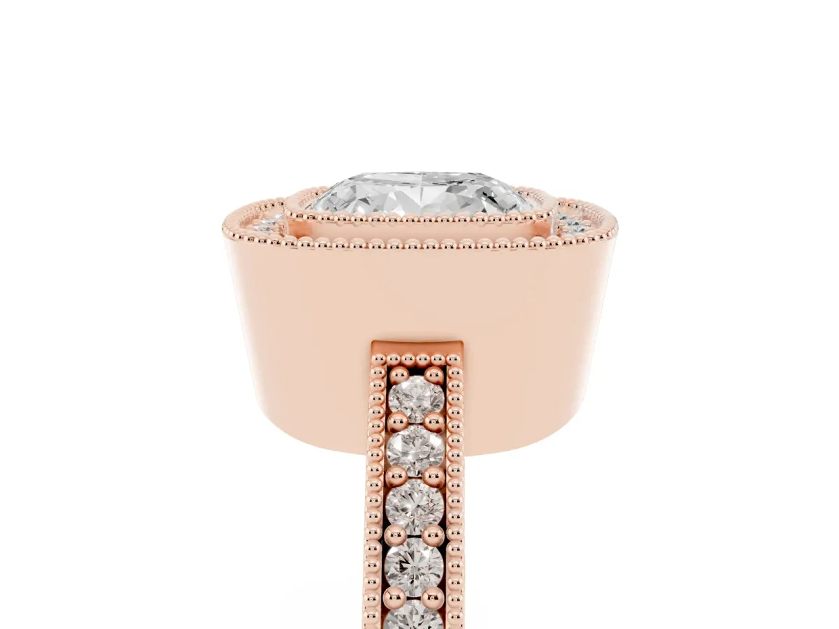 Cushion Cut-Cut Diamond Halo Engagement Ring with Pave Band and Prong Setting Rose gold