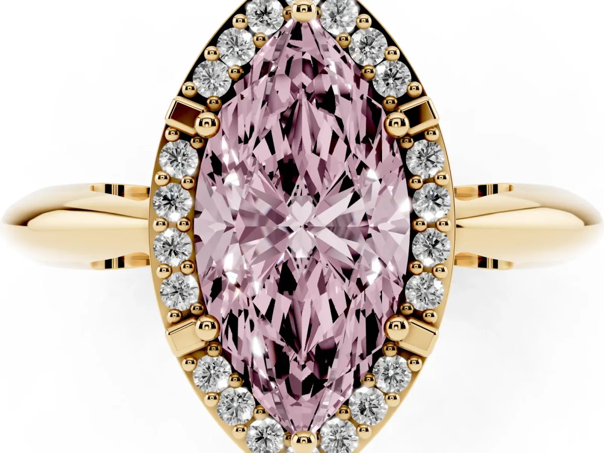 Fancy Pink Marquise Cut Cut Diamond Halo Engagement Ring with Split Shank and Four-Prong Setting Yellow gold