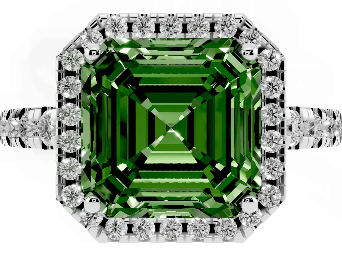 Fancy Green Asscher Cut Diamond Halo Ring with Pavé Band and Four-Prong Setting Platinum