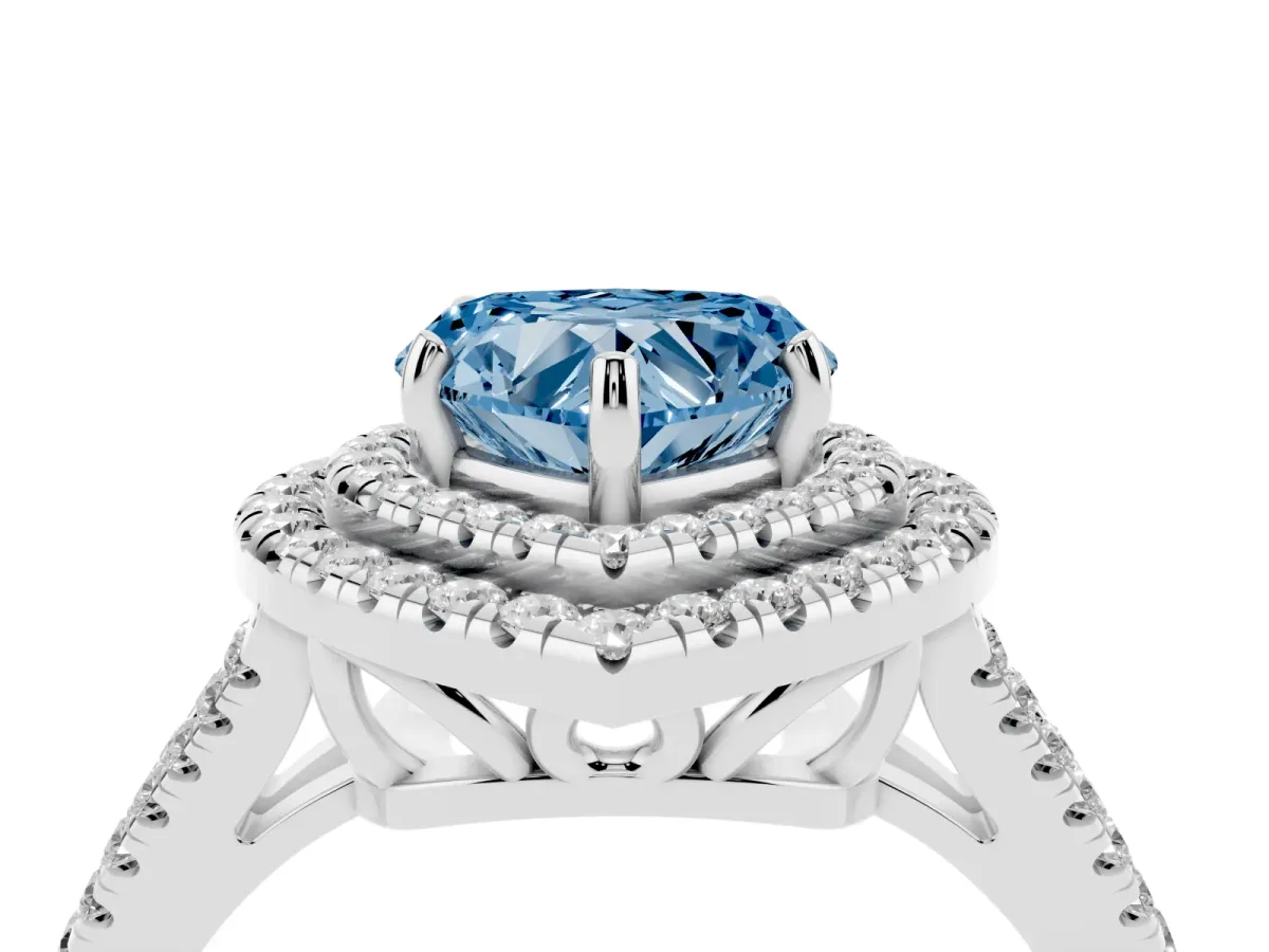 Fancy Blue Heart Cut Diamond Double Halo Ring with Pavé Band and Prong Setting Silver