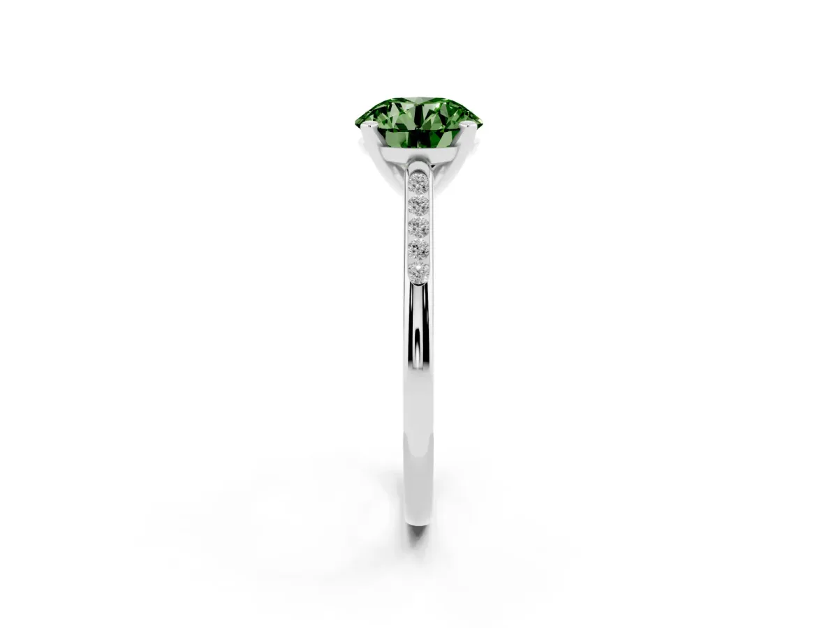 Fancy Green Round Cut Diamond Solitaire Ring with Channel Set Round Band and Prong Setting Silver