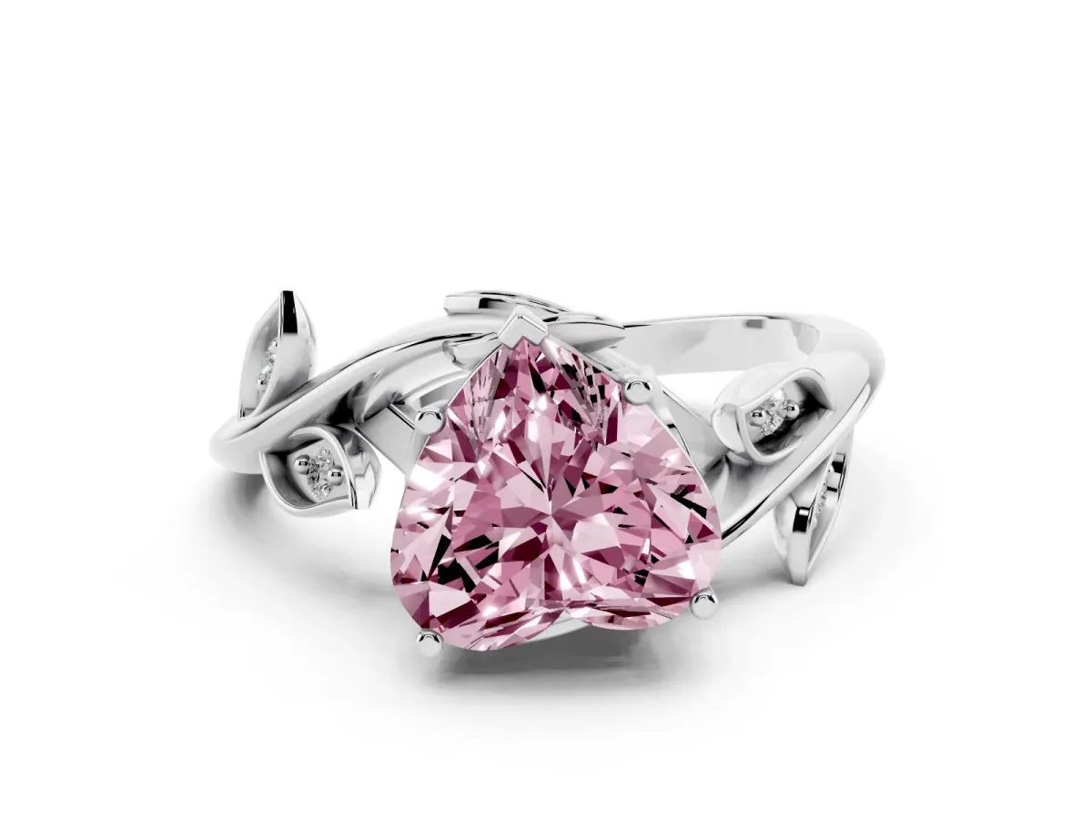Fancy Pink Heart Cut Solitaire Twist Engagement Ring with Leaf Accents and Prong Setting White gold