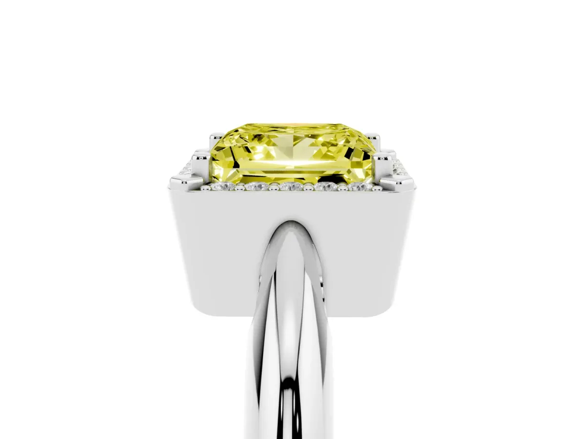 Fancy Yellow Princess Cut Cut Diamond Halo Engagement Ring with Split Shank and Four-Prong Setting Platinum