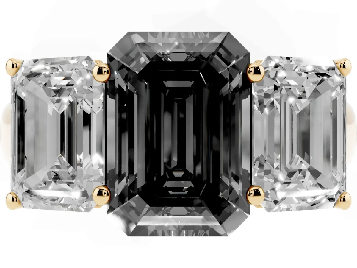 Fancy Black Emerald Cut Three-Stone Diamond Ring with Prong Setting on a Classic Band Yellow gold
