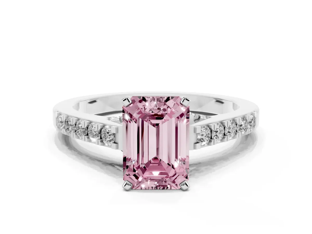 Fancy Pink Emerald Cut Diamond Solitaire Ring with Crossover Gallery and Round Pavé Band Platinum