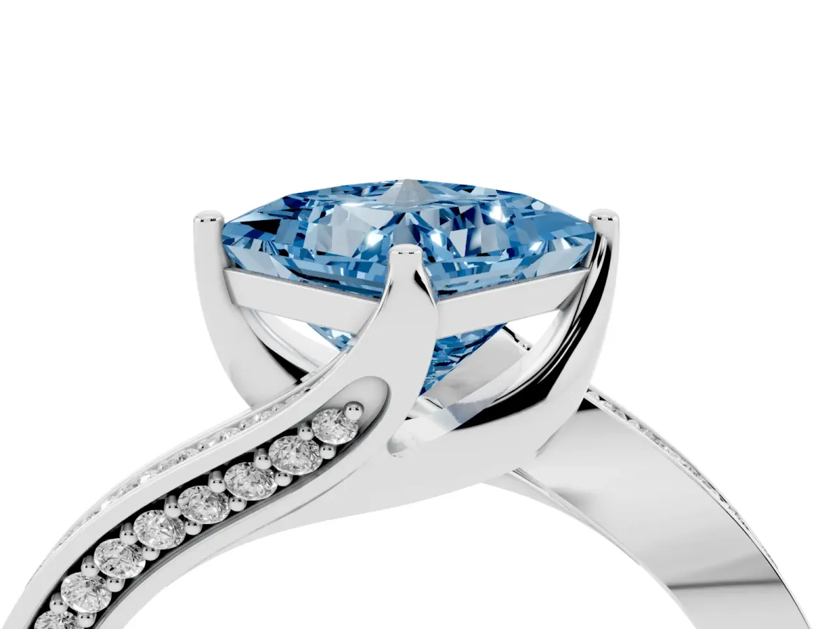 Fancy Blue Princess Cut Solitaire Diamond Twist Band with Pavé Setting and Four-Prong Setting Silver