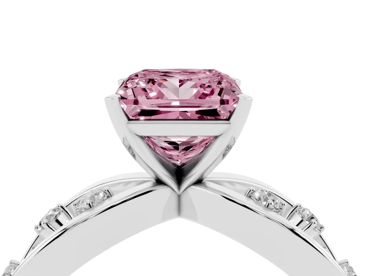 Fancy Pink Princess Cut Cut Solitaire Diamond with Side Stones on Criss-Cross Band and Four-Prong Setting Platinum
