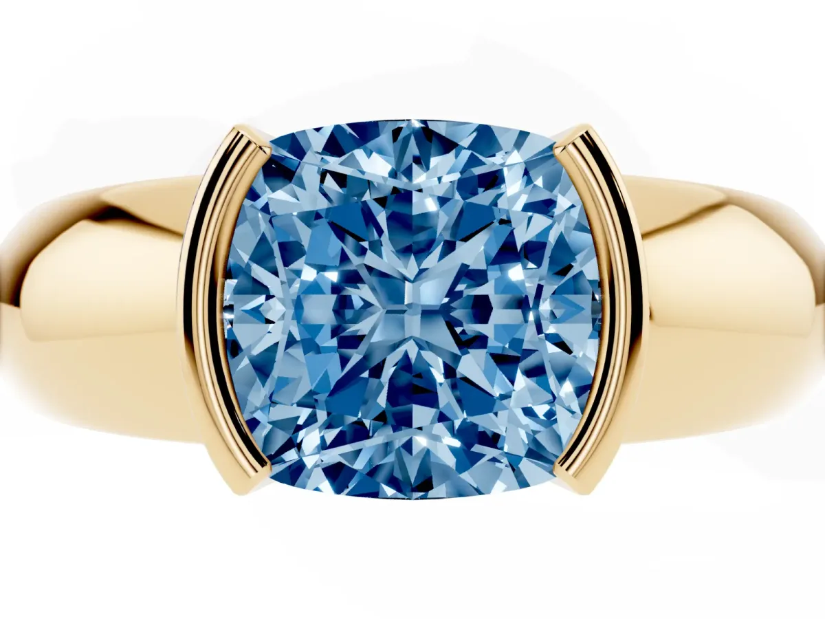 Fancy Blue Cushion Cut Solitaire Tension Set Diamond Ring with Wide Band Yellow gold