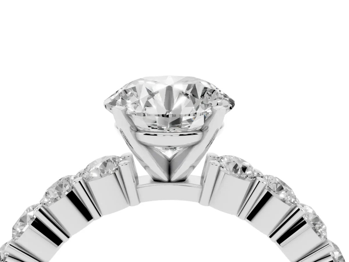 Round Cut Diamond Solitaire Ring with Shared Prong Round Side Stones Silver