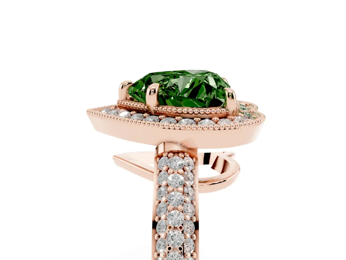 Fancy Green Heart Cut Cut Halo Diamond Pave Band with Four-Prong Setting Rose gold
