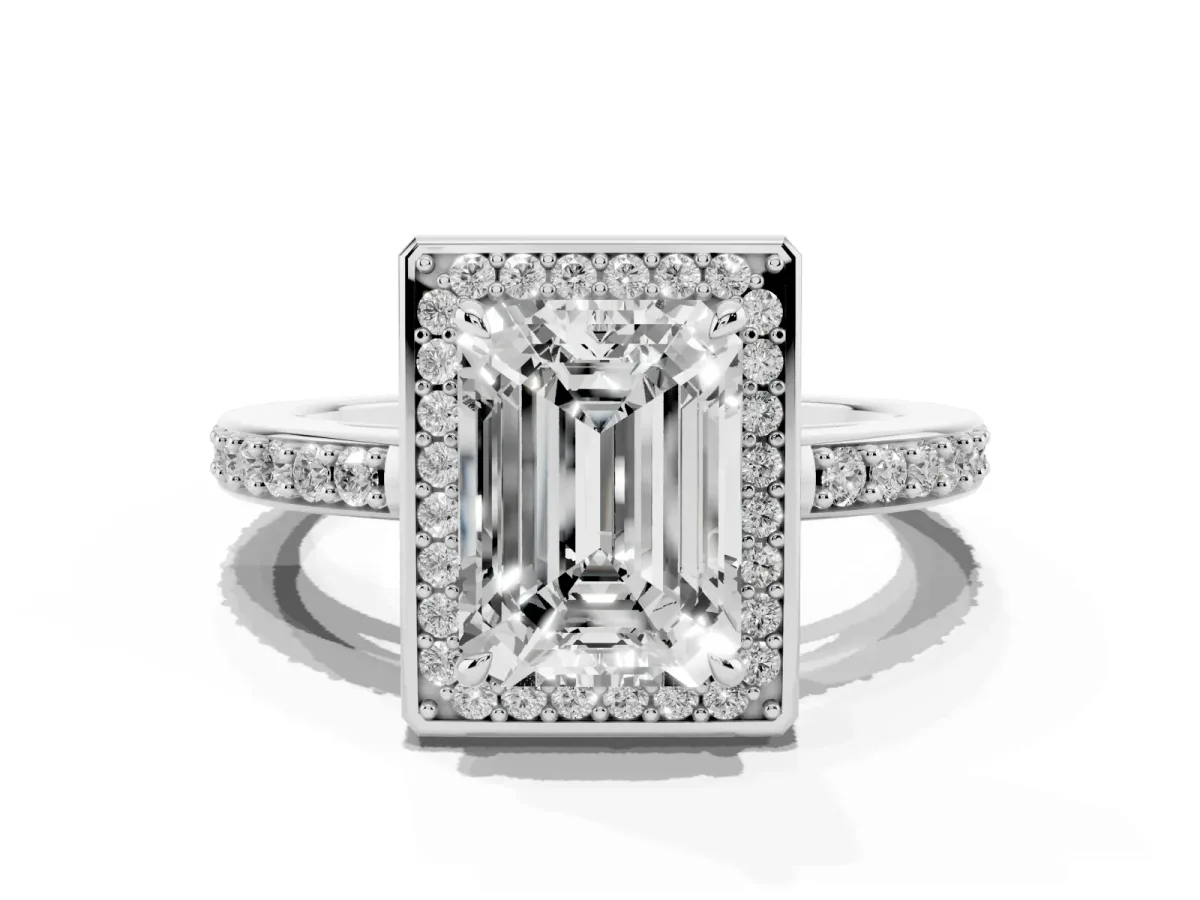 Emerald Cut Halo Pave Band Solitaire Ring with Prong Setting Silver
