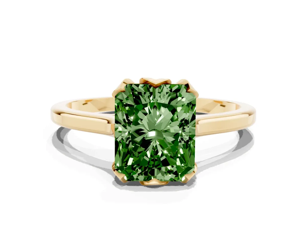 Fancy Green Radiant Cut Diamond Solitaire Ring with Flower Prong Setting and Classic Band Yellow gold