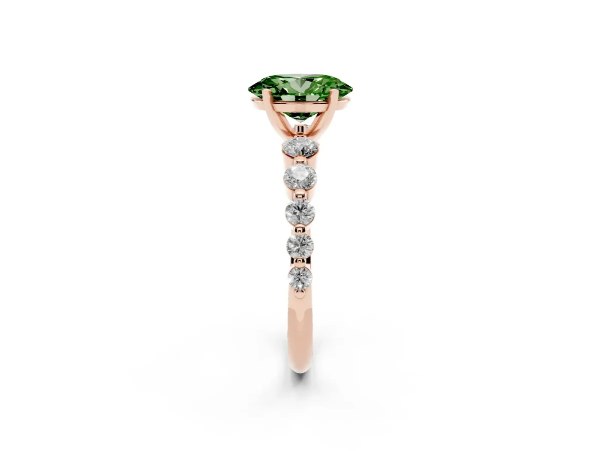 Fancy Green Oval Cut Solitaire Diamond Ring with Pave Band and Four-Prong Setting Rose gold