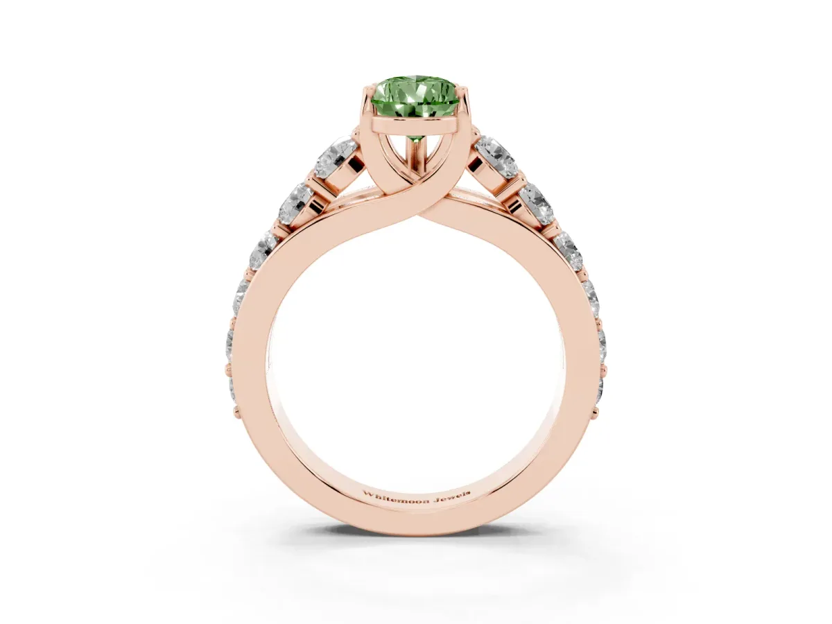 Fancy Green Pear Cut Diamond Engagement Ring with Pavé Band and Four-Prong Setting Rose gold