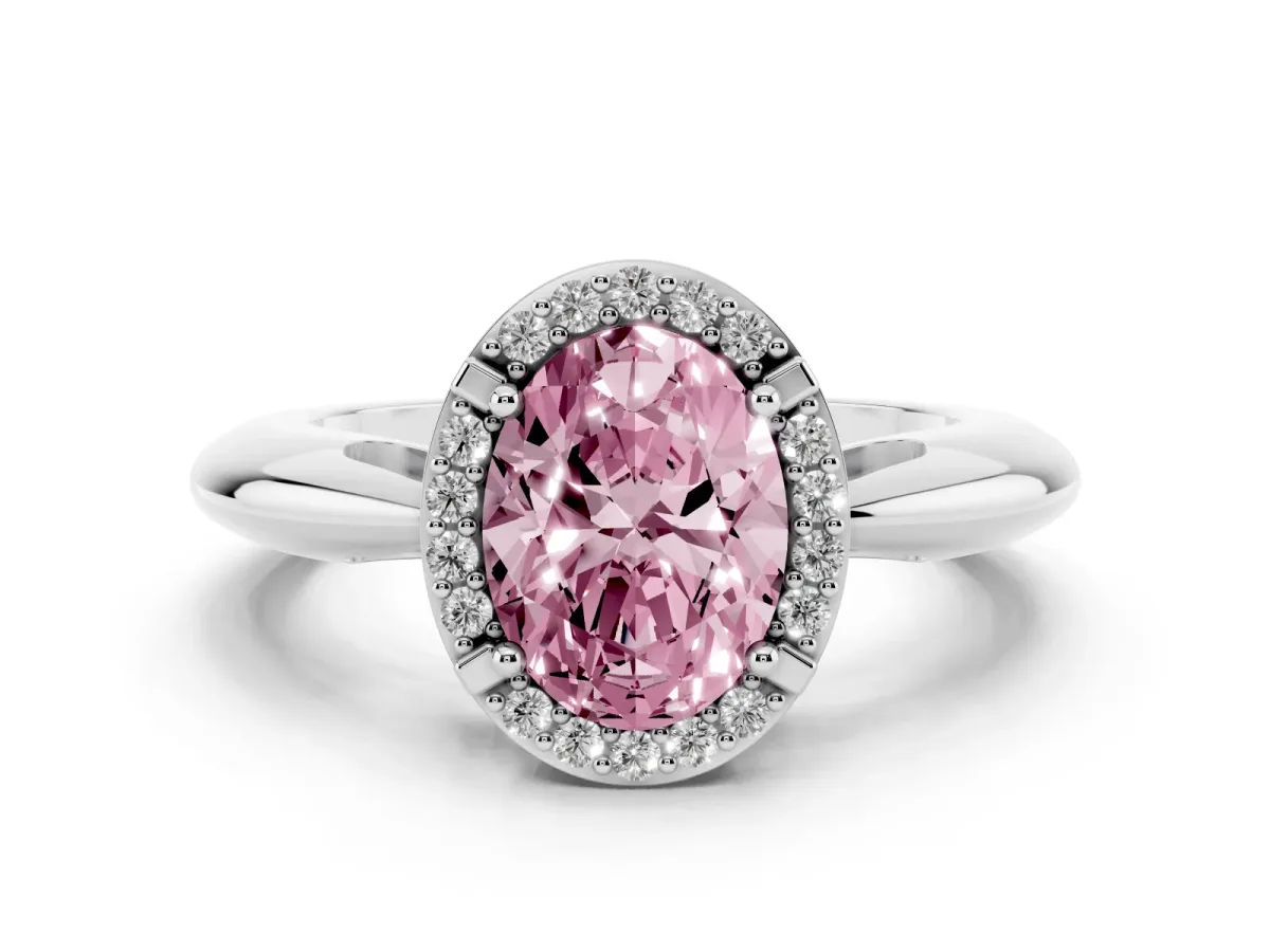 Fancy Pink Oval Cut Cut Diamond Halo Engagement Ring with Split Shank and Four-Prong Setting Silver