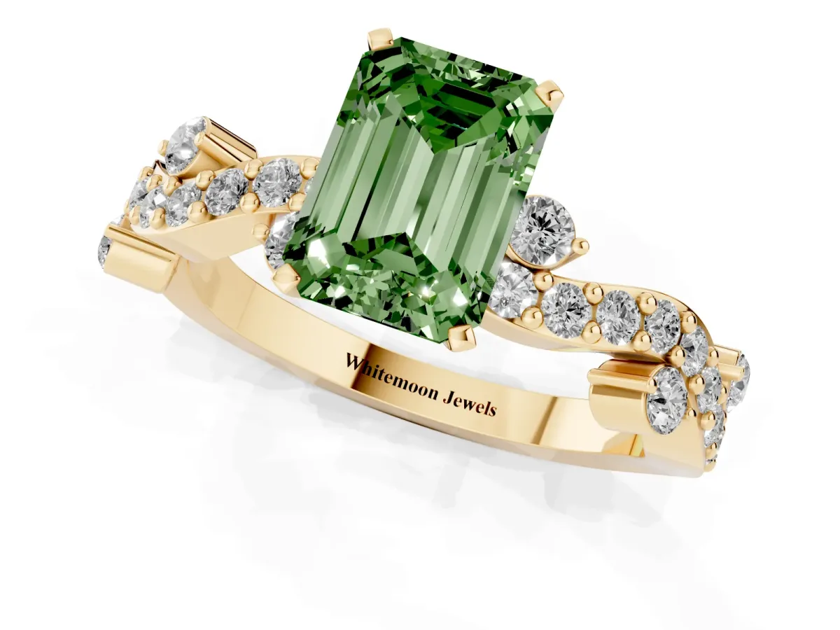 Fancy Green Emerald Cut Cut Solitaire Diamond Twisted Band with Pave Setting Yellow gold