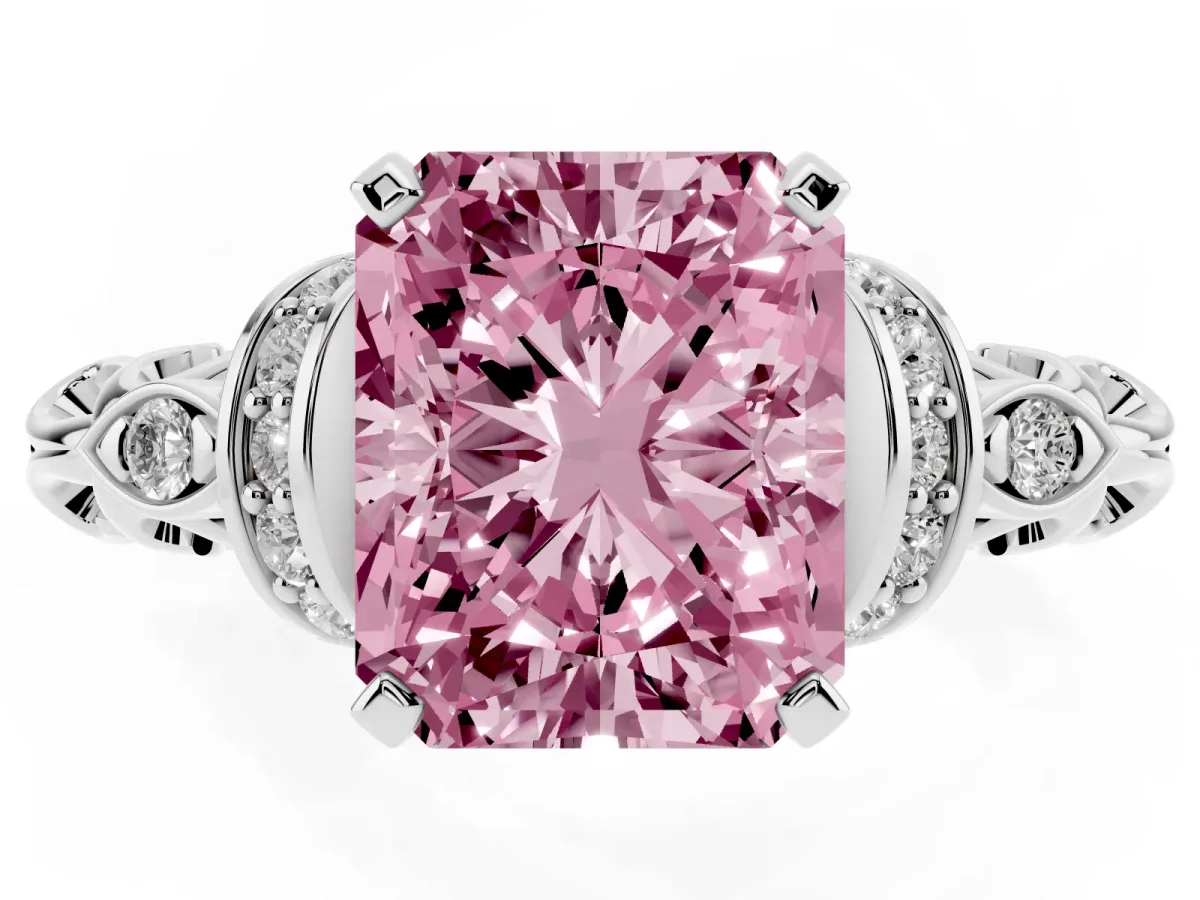Fancy Pink Radiant Cut Diamond Solitaire Ring with Filigree Band and Four-Prong Setting Silver