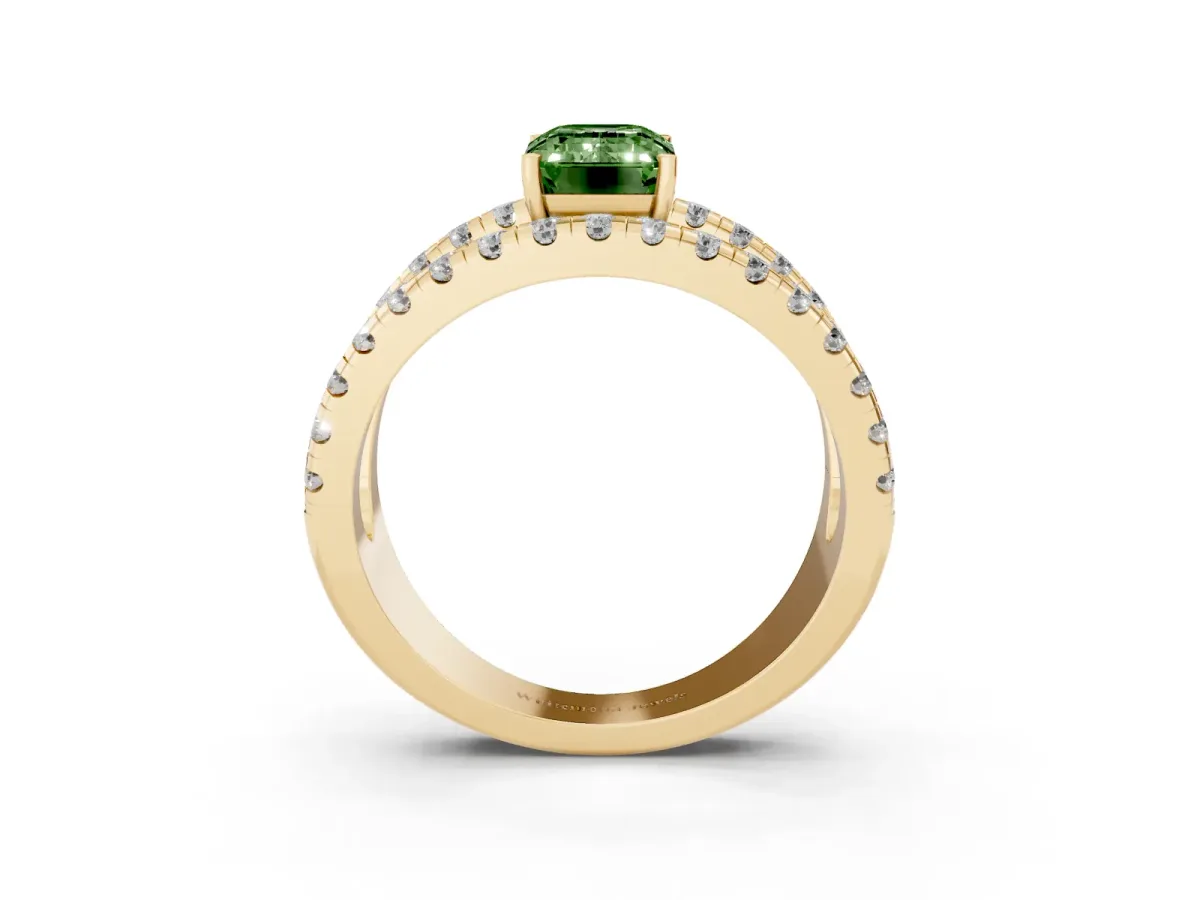 Fancy Green Emerald Cut Solitaire Split Shank Pave Diamond Ring Yellow gold