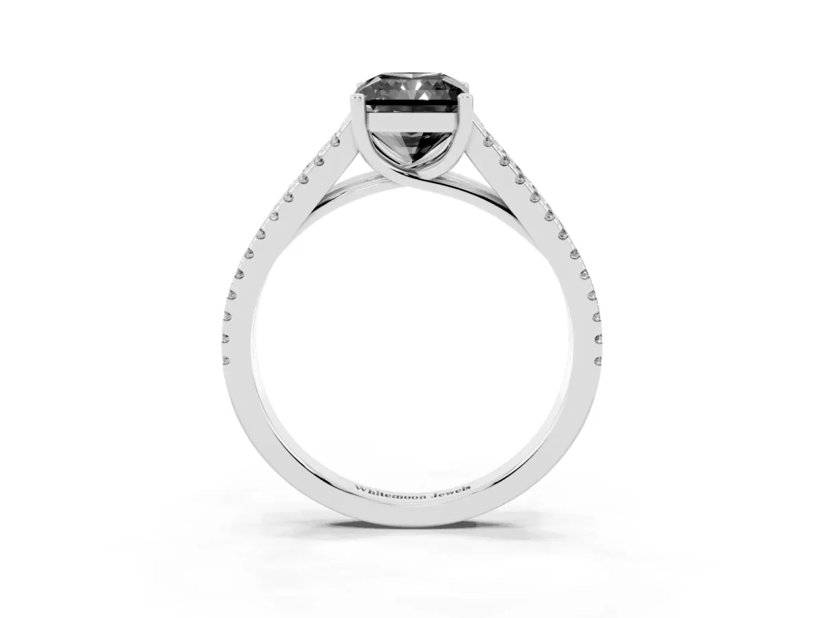 Fancy Black Radiant Cut Diamond Solitaire Engagement Ring with Split Shank Pavé Band Platinum