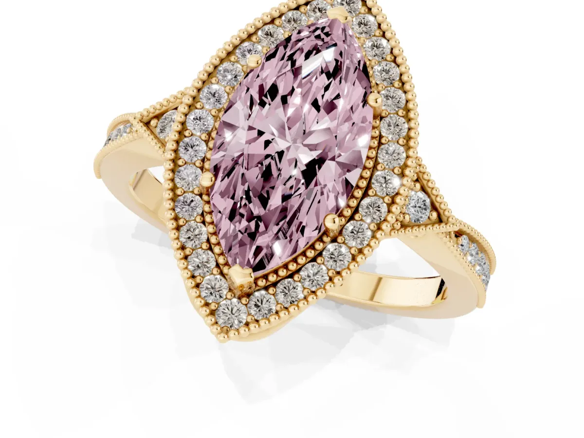 Fancy Pink Marquise Cut Halo Round Diamond Milgrain Pave Engagement Ring Yellow gold