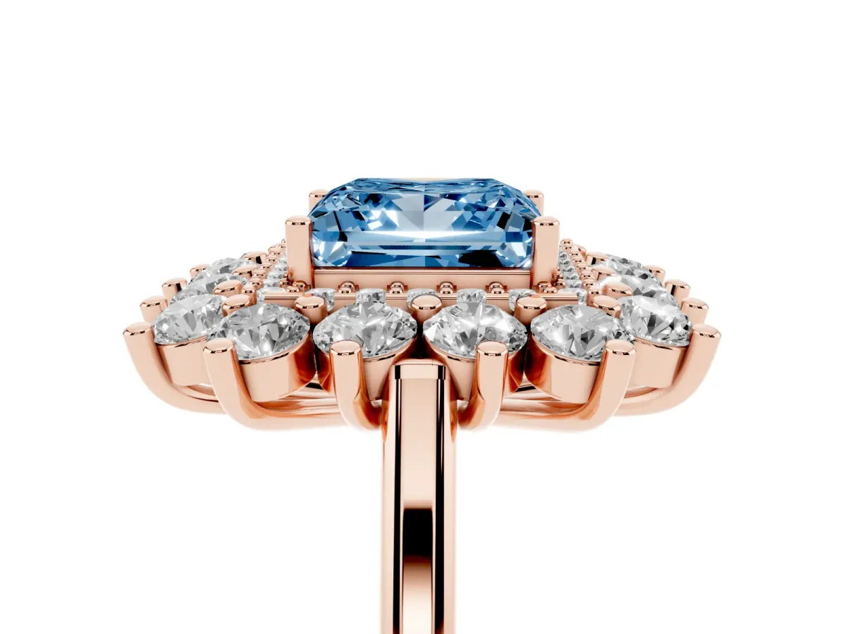 Fancy Blue Princess Cut Diamond Floral Double Halo Engagement Ring with Prong Setting Rose gold