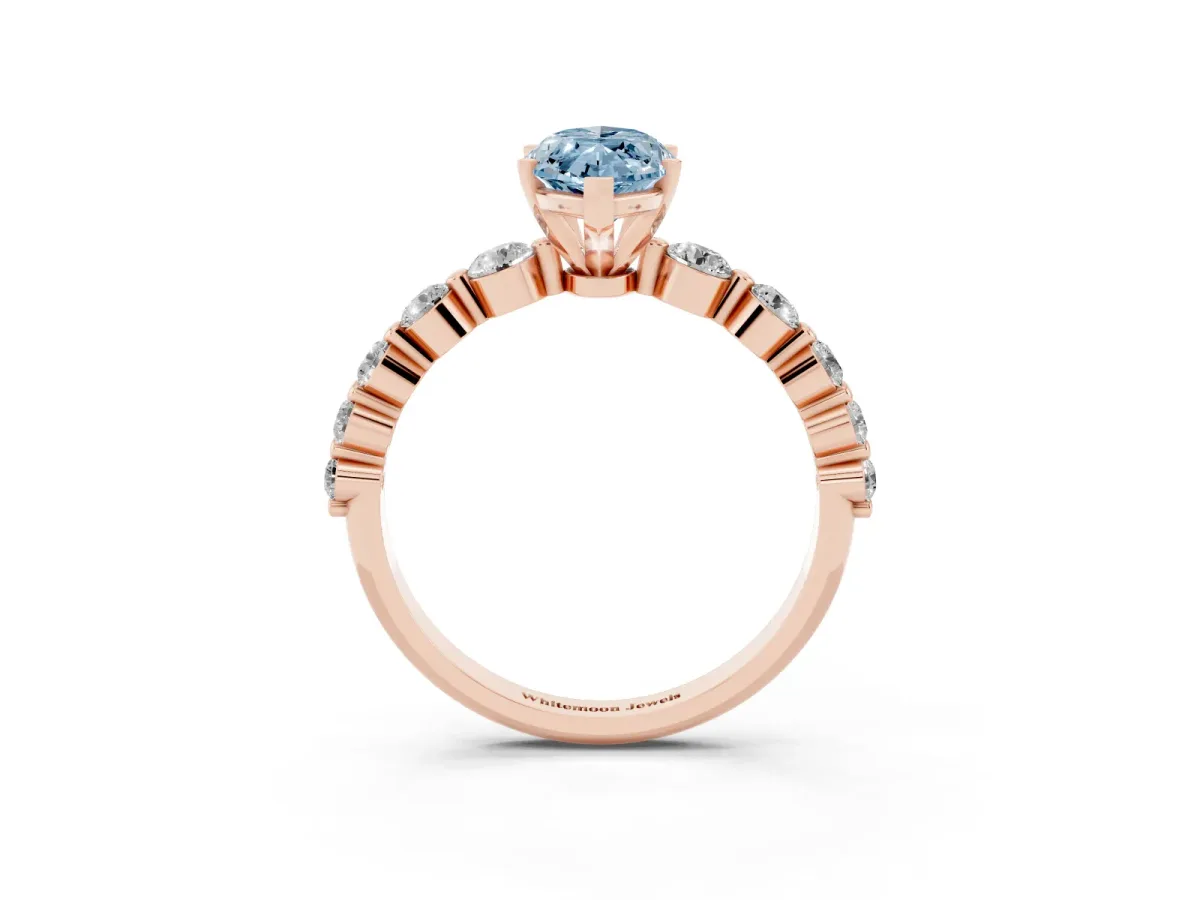 Fancy Blue Marquise Cut Solitaire Diamond Ring with Pave Band and Four-Prong Setting Rose gold