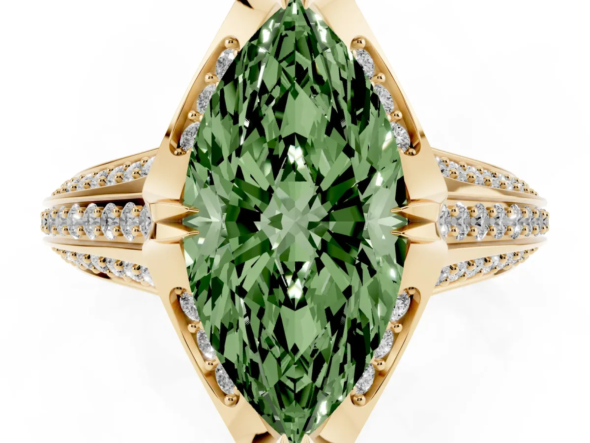 Fancy Green Marquise Cut Solitaire Pave Split Shank Ring with Four-Prong Setting Yellow gold