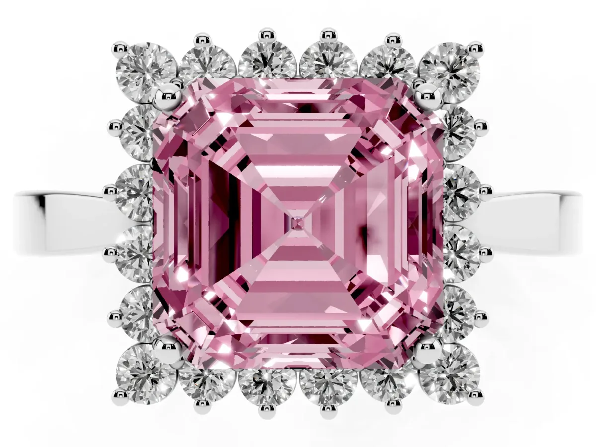 Fancy Pink Asscher Cut Cut Diamond Halo Ring with Round Brilliant Halo and Solitaire Band White gold