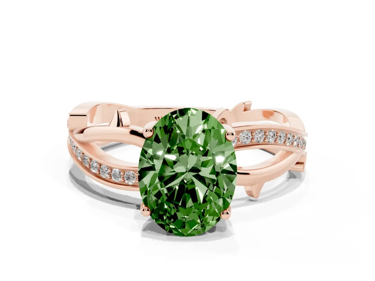 Fancy Green Oval Cut Solitaire Twist Band with Pavé Accents and Four-Prong Setting Rose gold