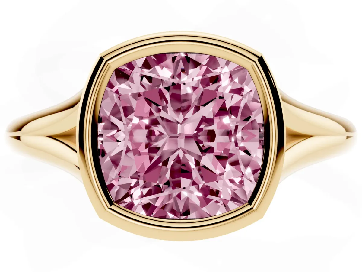 Fancy Pink Bezel Set Cushion Cut Cut Solitaire Ring with Tapered Band Yellow gold