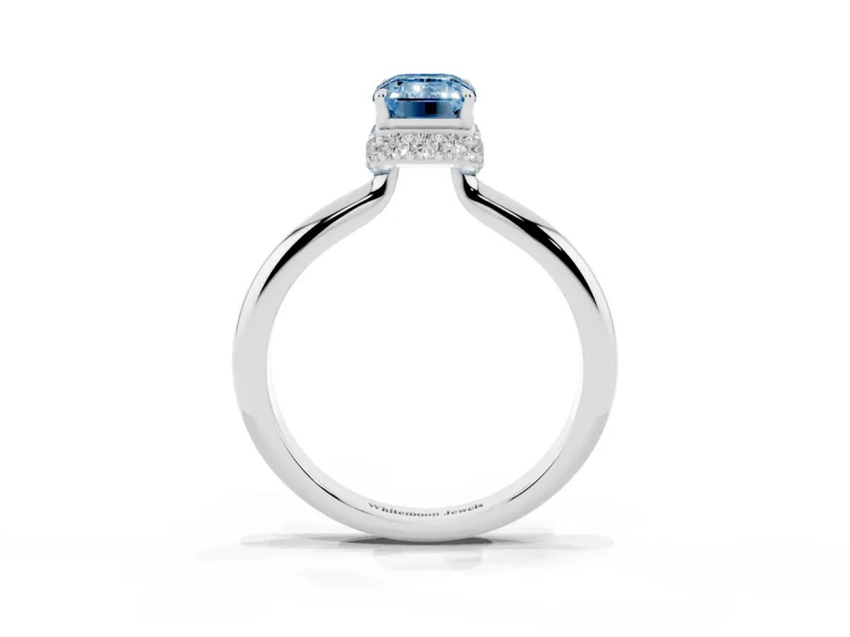 Fancy Blue Emerald Cut Brilliant Solitaire Engagement Ring with Six-Prong Setting and Classic Band Platinum