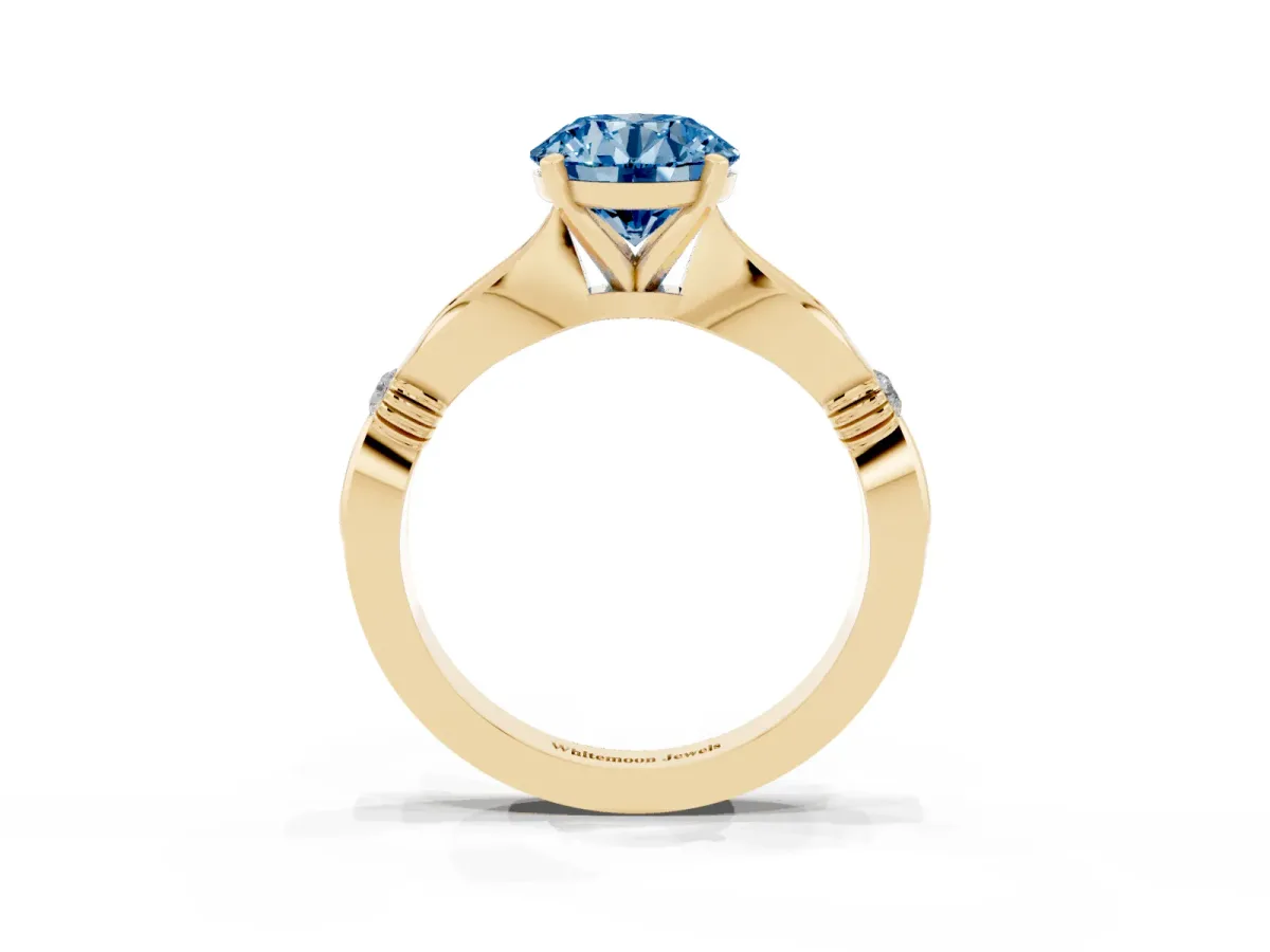 Fancy Blue Round Cut Solitaire Diamond Twisted Band with Four-Prong Setting Yellow gold