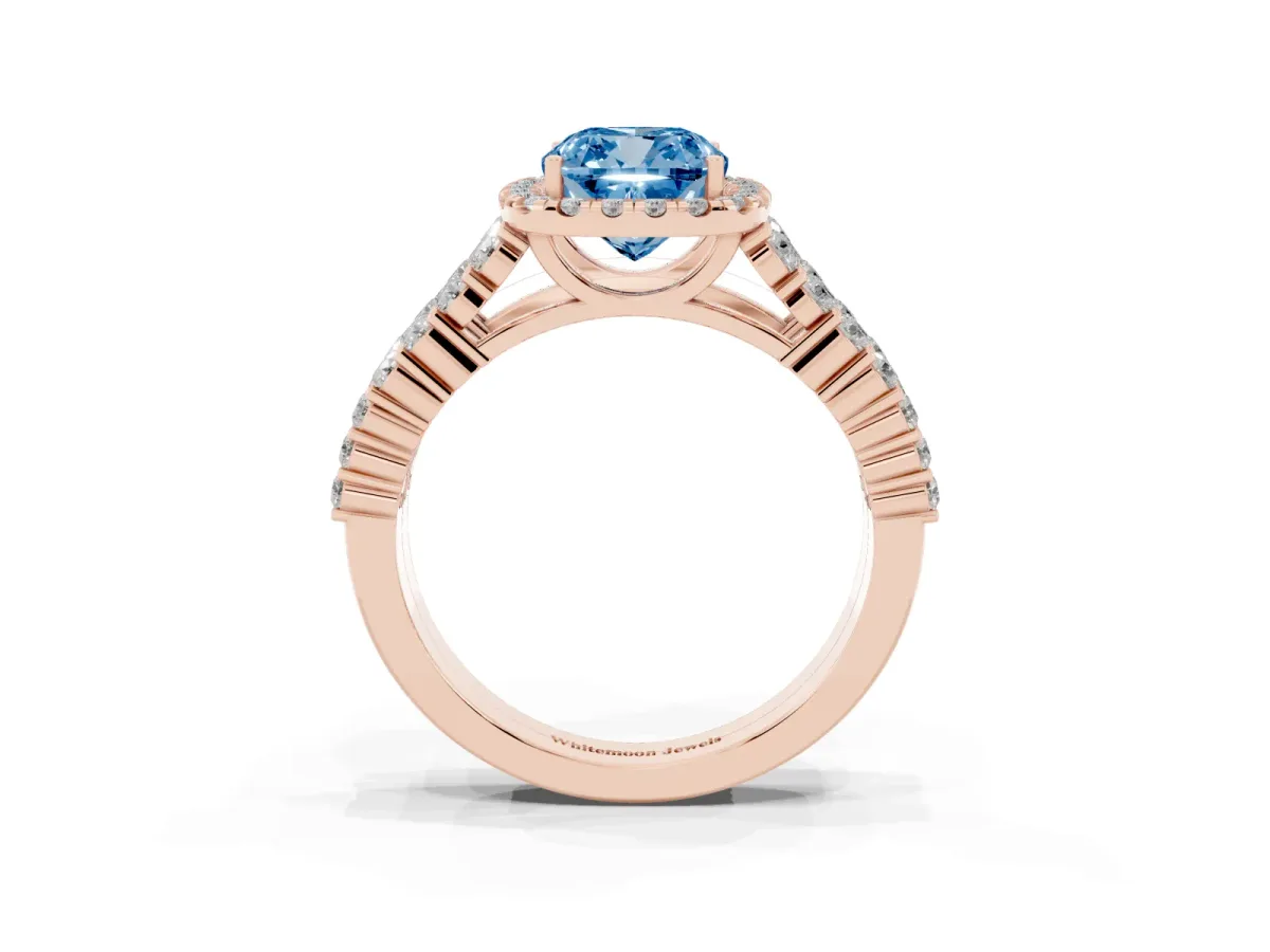 Fancy Blue Cushion Cut Diamond Halo Engagement Ring with Triple Row Round Pavé Band and Prong Setting Rose gold