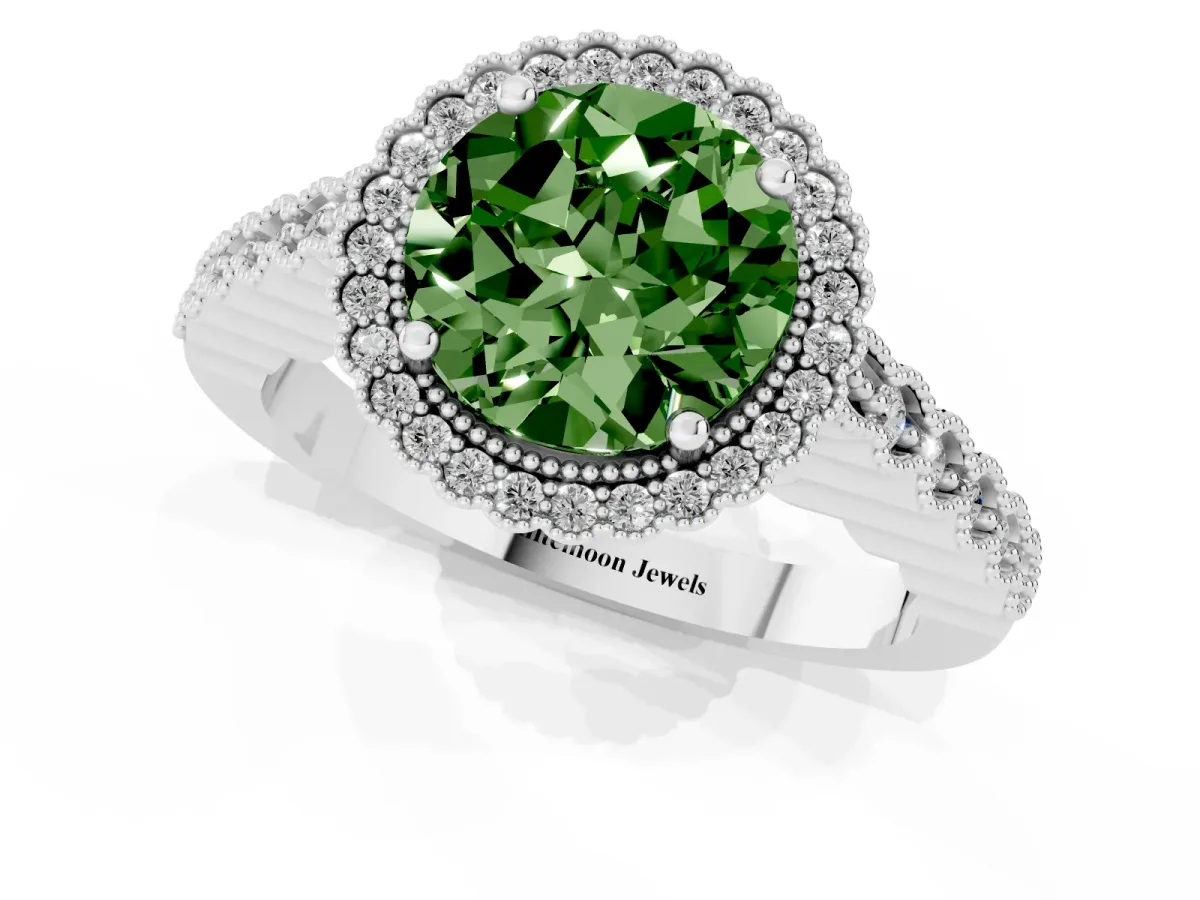 Fancy Green Round Cut Cut Halo Pavé Solitaire Ring with Milgrain Band Silver