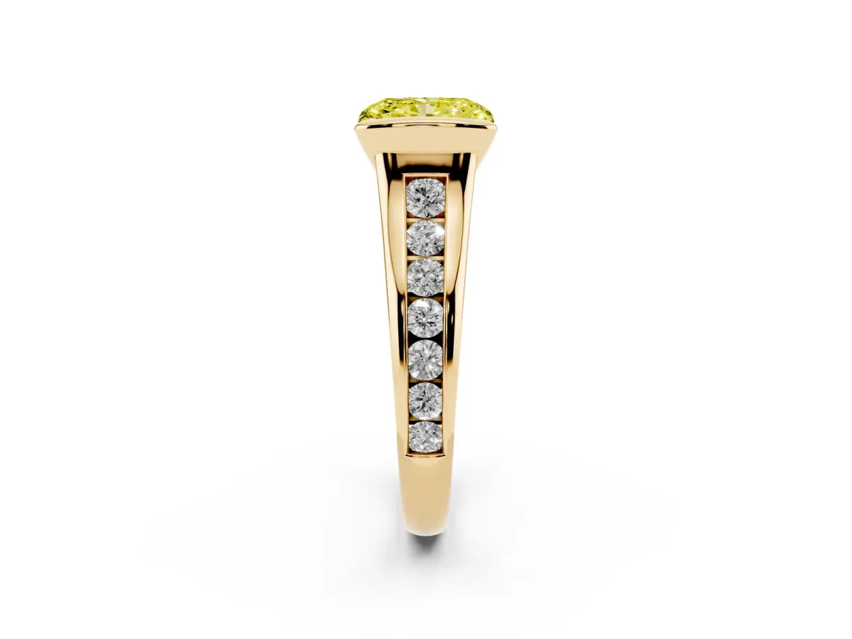 Fancy Yellow Radiant Cut Solitaire Bezel-Set Diamond Ring with Channel-Set Band Yellow gold