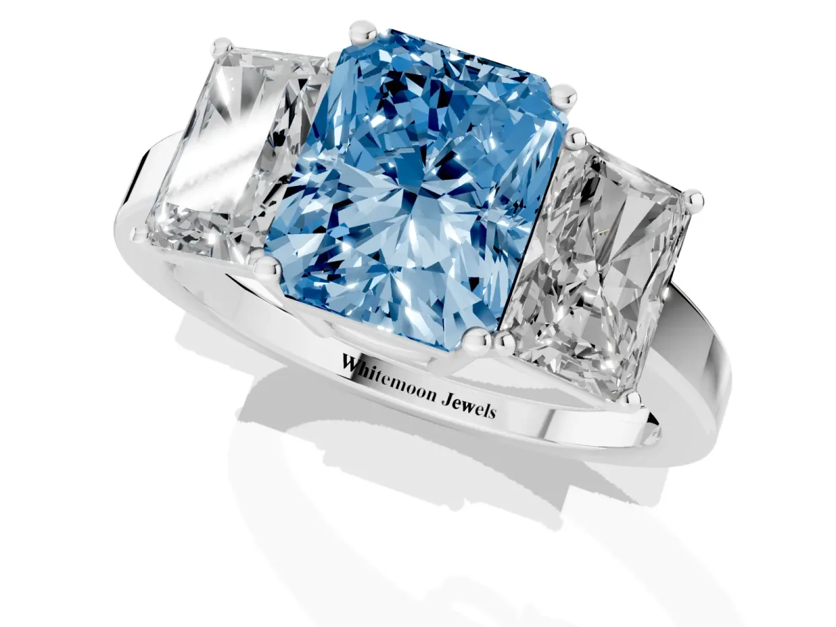 Fancy Blue Three-Stone Radiant Cut Cut Diamond Engagement Ring with Flat Band and Four-Prong Setting Silver