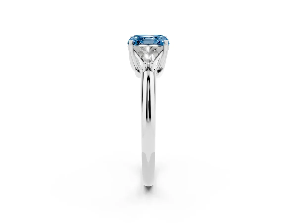 Fancy Blue Three-Stone Asscher Cut Diamond Engagement Ring with Trillion Side Stones and Prong Setting Silver