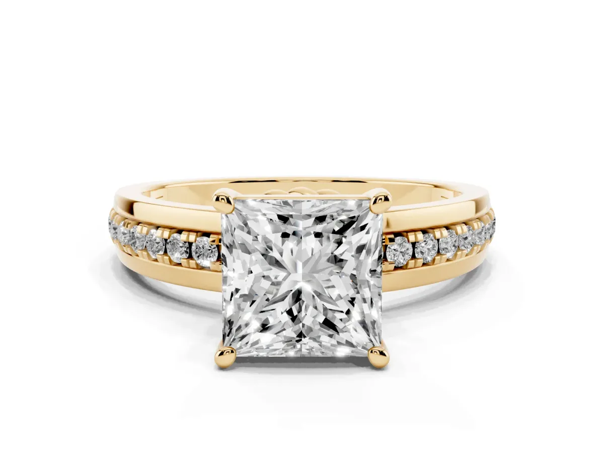 Princess Cut Solitaire Diamond Ring with Channel Set Band and Six-Prong Setting Yellow gold