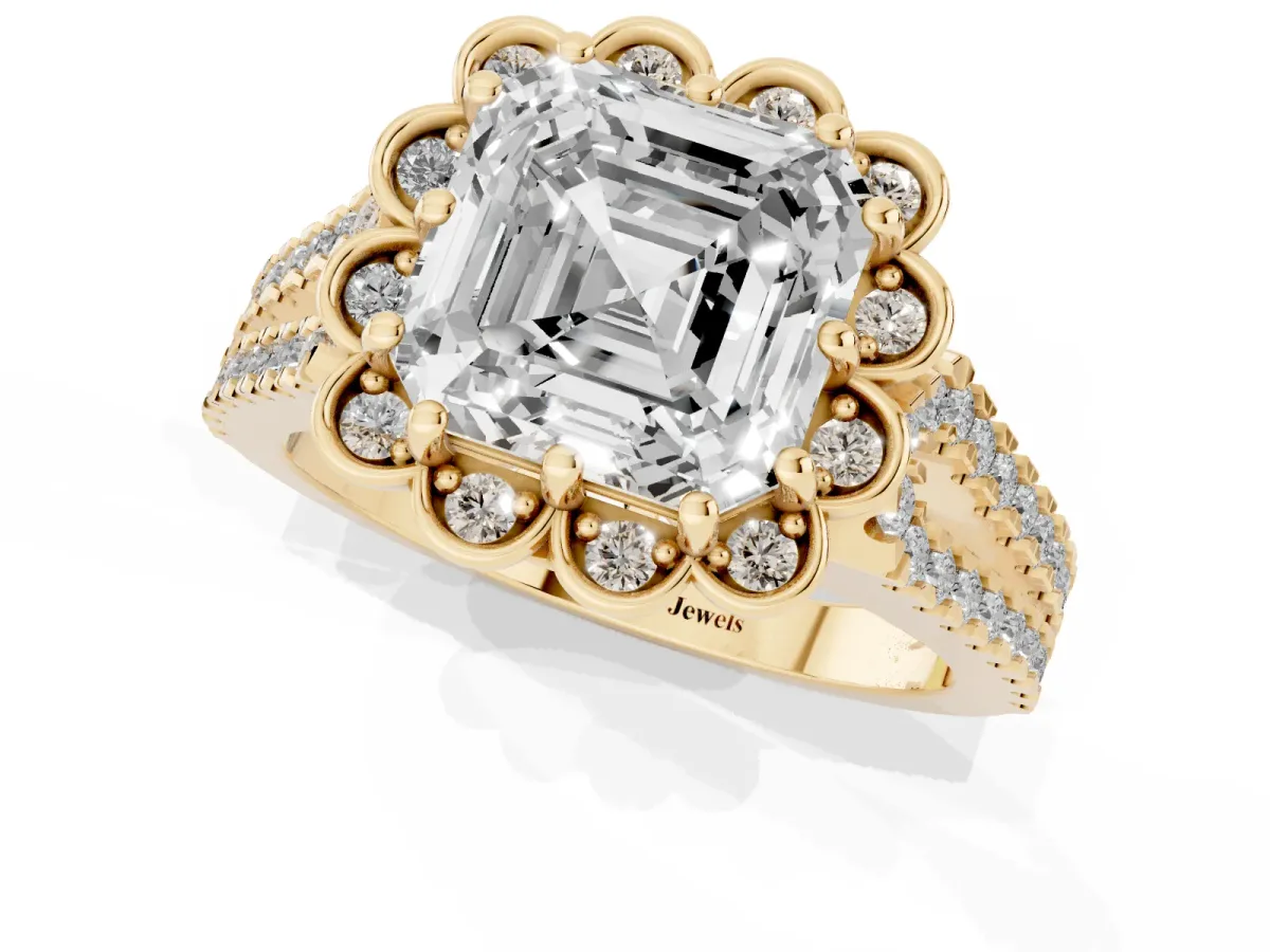 Asscher Cut Halo Diamond Floral Split Shank Engagement Ring Yellow gold