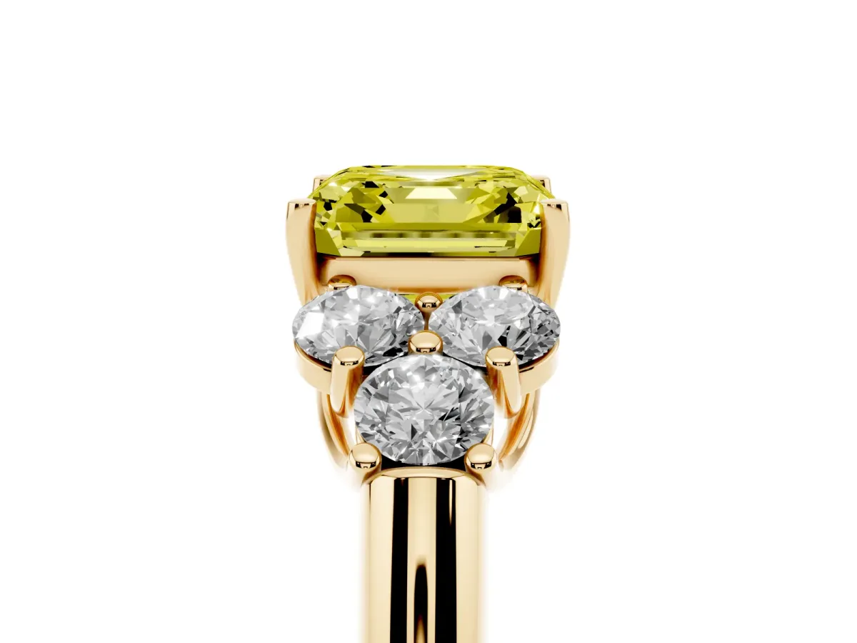Fancy Yellow Asscher Cut Cut Diamond Cluster Ring with Round Accent Stones and Prong Setting on a Classic Band Yellow gold