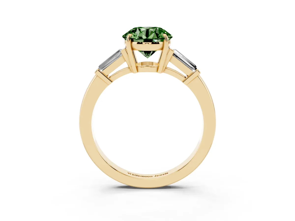 Fancy Green Round Cut Diamond Three-Stone Ring with Tapered Baguette Side Stones and Prong Setting Yellow gold