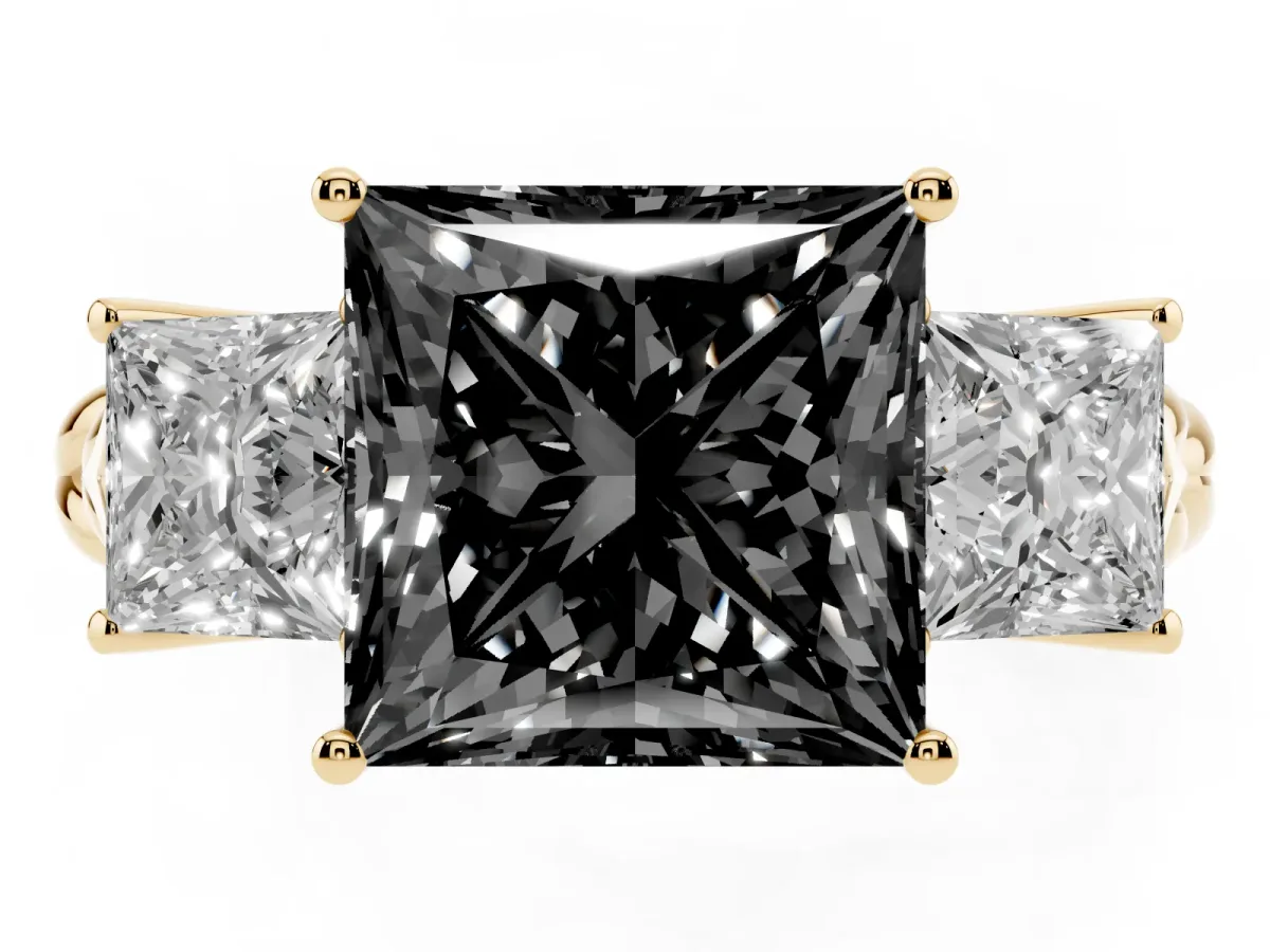 Fancy Black Three-Stone Princess Cut Diamond Braided Band Ring with Four-Prong Setting Yellow gold